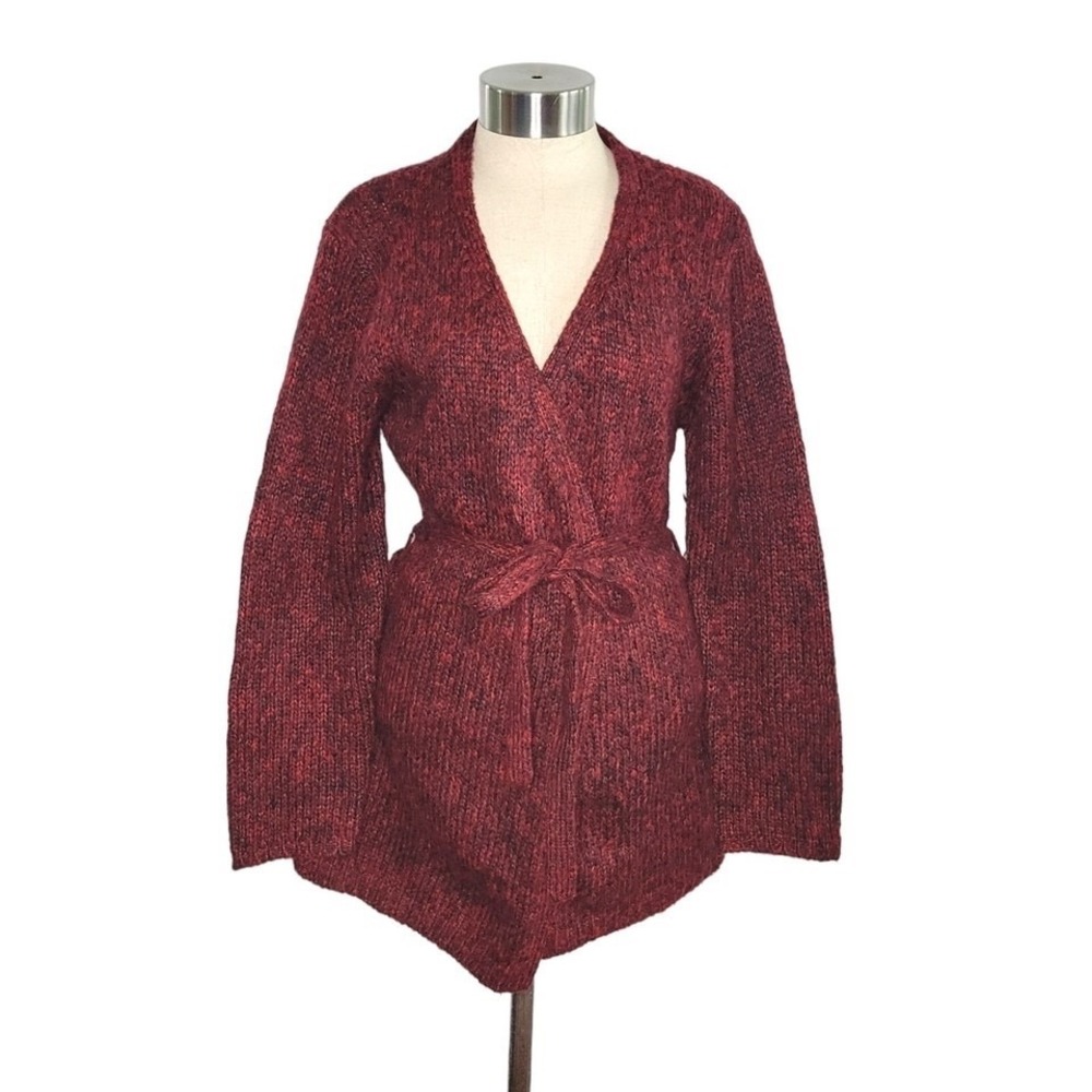 A.M.I. Red & Black Marled Knit Belted Mid-Length Cardigan Sweater Women's Size M